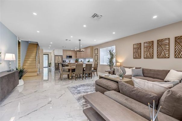 Dining room, Interior, Kitchen, Living room, Marble, Pendant Lights, Recessed Lighting, Stainless Steel Appliances