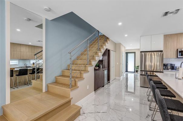 Interior, Kitchen, Marble, Recessed Lighting, Stainless Steel Appliances
