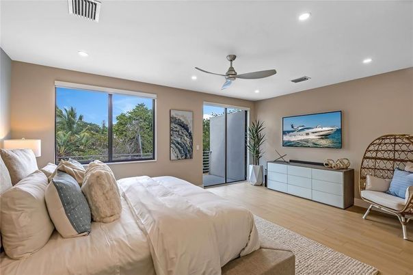 Bedroom, Interior, Recessed Lighting, Wood Texture Flooring
