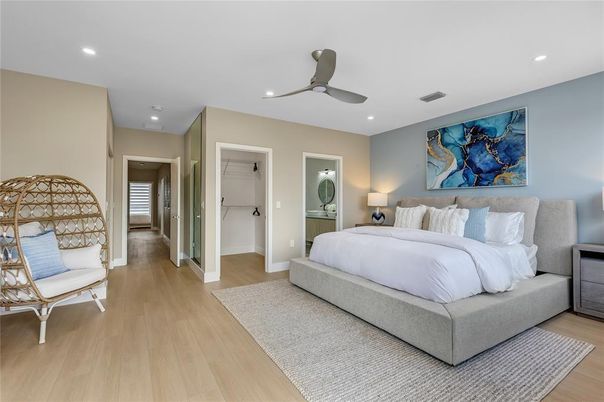 Bedroom, Interior, Recessed Lighting, Wood Texture Flooring