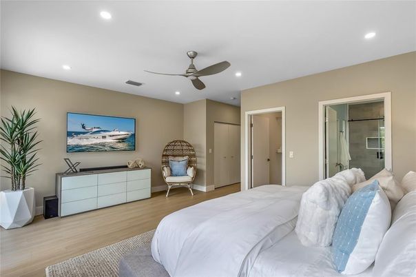 Bedroom, Interior, Recessed Lighting, Wood Texture Flooring