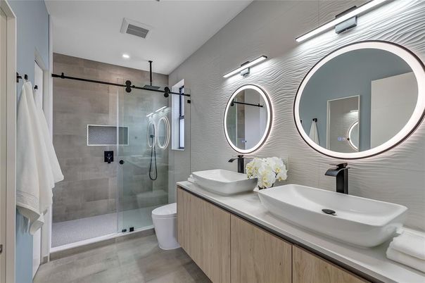 Bathroom, Dual Sink Vanities, Glass Shower, Interior, Recessed Lighting