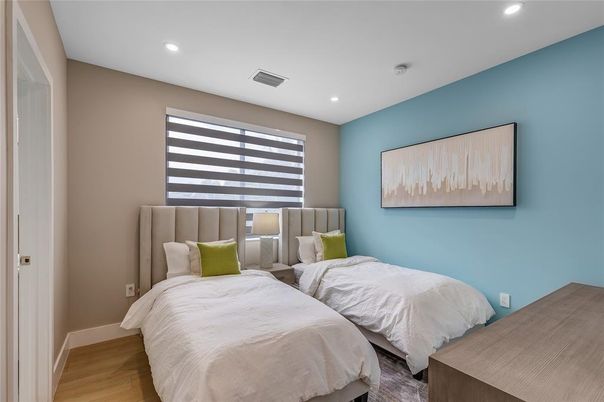 Bedroom, Interior, Recessed Lighting, Wood Texture Flooring