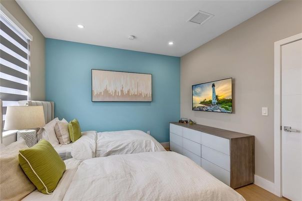 Bedroom, Interior, Recessed Lighting, Wood Texture Flooring