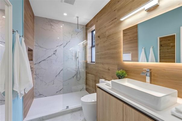 Bathroom, Glass Shower, Interior, Marble, Marble Walls, Recessed Lighting, Wooden Walls