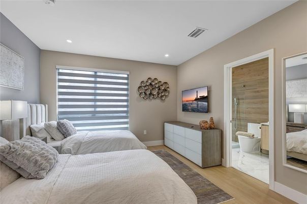 Bathroom, Bedroom, Glass Shower, Interior, Marble, Recessed Lighting, Wood Texture Flooring