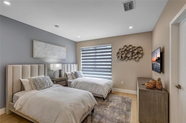 Bedroom, Interior, Recessed Lighting, Wood Texture Flooring