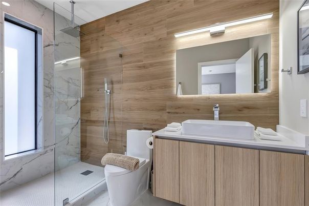 Bathroom, Glass Shower, Interior, Marble Walls, Wooden Walls