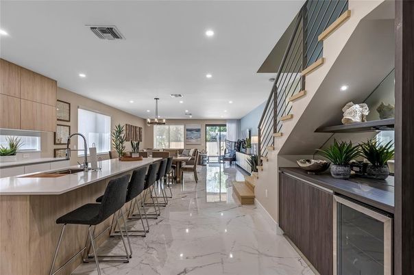 Dining room, Interior, Kitchen, Marble, Pendant Lights, Recessed Lighting