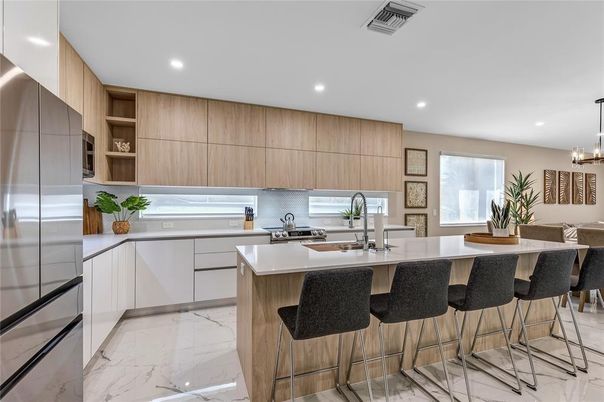 Interior, Kitchen, Marble, Pendant Lights, Recessed Lighting