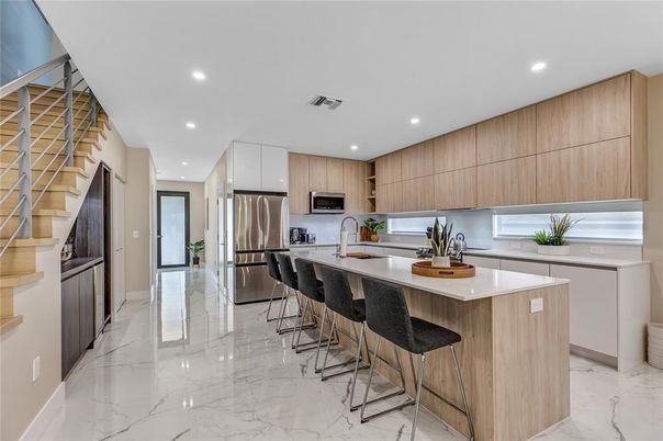 Interior, Kitchen, Marble, Recessed Lighting, Stainless Steel Appliances