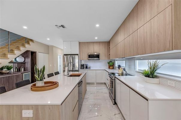 Interior, Kitchen, Marble, Recessed Lighting, Stainless Steel Appliances