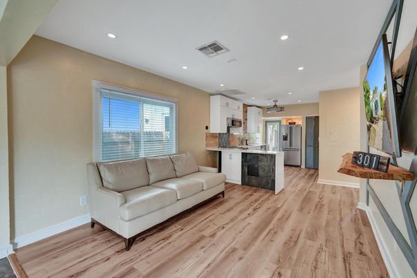 Interior, Kitchen, Living room, Recessed Lighting, Wood Texture Flooring