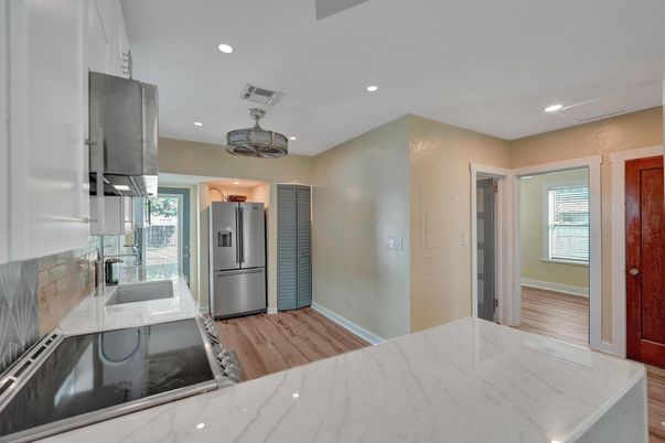 Interior, Kitchen, Recessed Lighting, Wood Texture Flooring