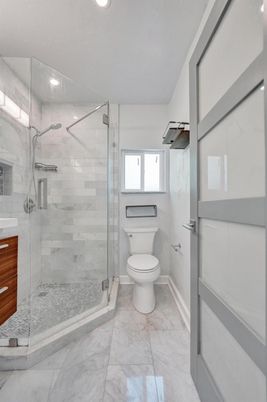Bathroom, Glass Shower, Interior, Marble, Recessed Lighting