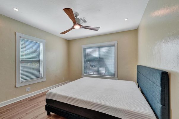 Bedroom, Interior, Recessed Lighting, Wood Texture Flooring