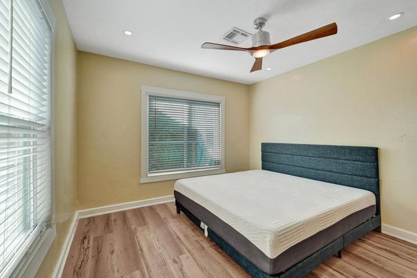 Bedroom, Interior, Recessed Lighting, Wood Texture Flooring
