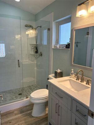 Bathroom, Glass Shower, Interior, Wood Texture Flooring