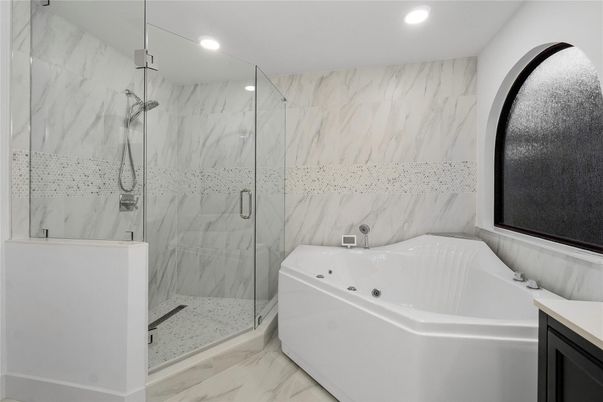 Bathroom, Glass Shower, Interior, Marble, Marble Walls, Recessed Lighting