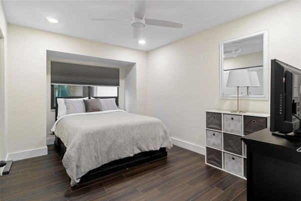 Bedroom, Interior, Recessed Lighting, Wood Texture Flooring