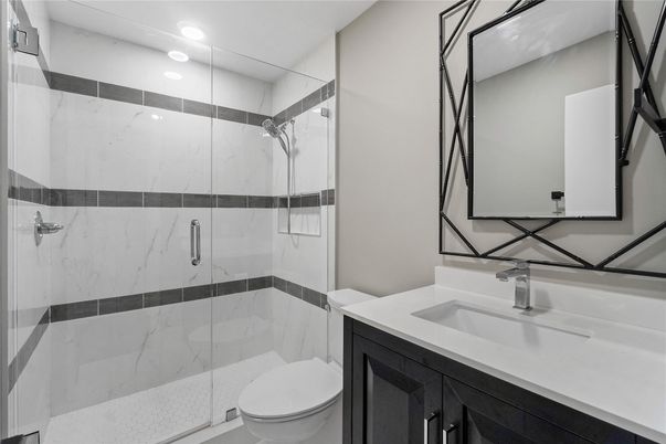 Bathroom, Glass Shower, Interior, Marble Walls, Recessed Lighting