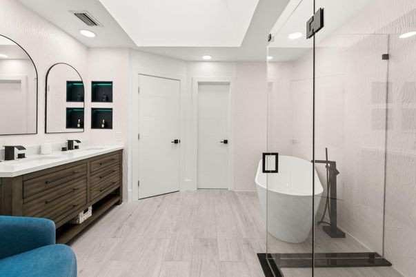 Bathroom, Dual Sink Vanities, Free Standing Baths, Glass Shower, Interior, Recessed Lighting, Wood Texture Flooring