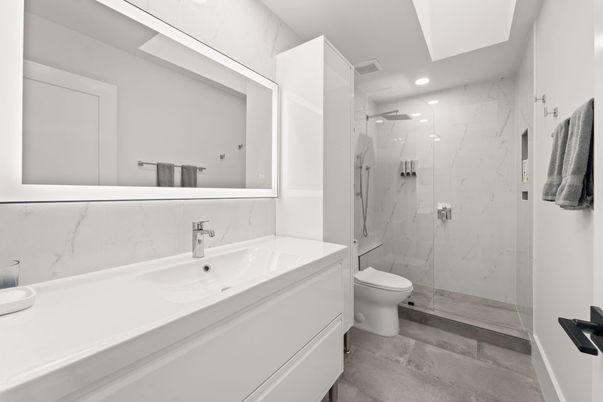 Bathroom, Glass Shower, Interior, Marble Walls, Recessed Lighting