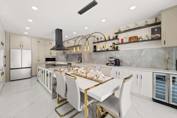 Dining room, Interior, Kitchen, Marble, Pendant Lights, Recessed Lighting, Stainless Steel Appliances