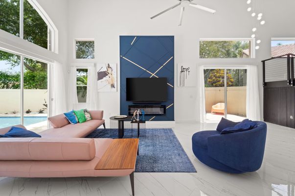 Fireplace, Interior, Living room, Marble, Pendant Lights