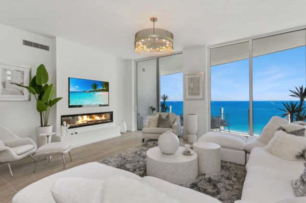 Fireplace, Interior, Living room, Pendant Lights, Water, Wood Texture Flooring