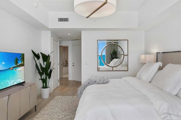 Bedroom, Interior, Recessed Lighting, Wood Texture Flooring