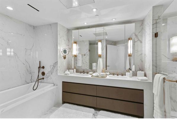 Bathroom, Dual Sink Vanities, Glass Shower, Interior, Marble Walls, Recessed Lighting