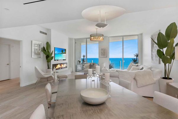 Dining room, Fireplace, Interior, Living room, Pendant Lights, Water, Wood Texture Flooring
