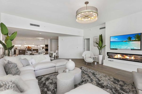 Dining room, Fireplace, Interior, Kitchen, Living room, Pendant Lights, Recessed Lighting, Wood Texture Flooring