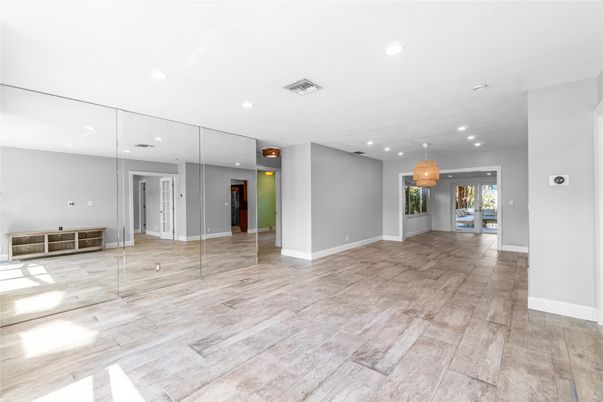 Empty room, Interior, Pendant Lights, Recessed Lighting, Wood Texture Flooring