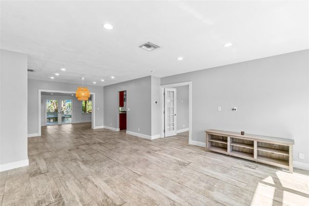 Empty room, Interior, Pendant Lights, Recessed Lighting, Wood Texture Flooring