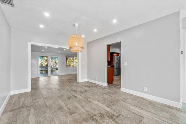 Chandelier, Empty room, Interior, Recessed Lighting, Wood Texture Flooring