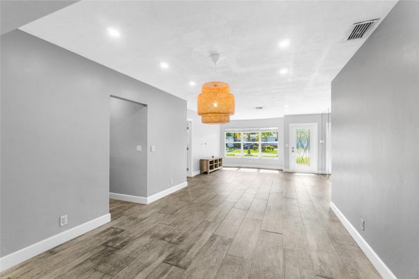 Chandelier, Empty room, Interior, Recessed Lighting, Wood Texture Flooring