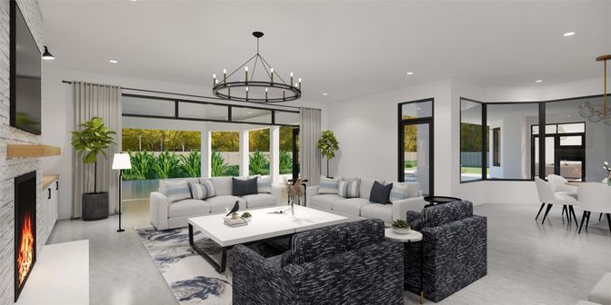 Chandelier, Dining room, Fireplace, Interior, Living room, Recessed Lighting