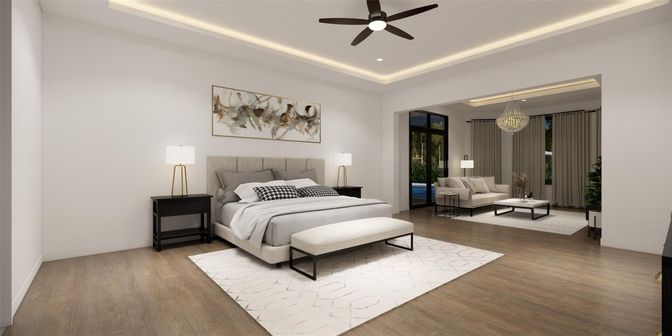 Bedroom, Chandelier, Interior, Recessed Lighting, Wood Texture Flooring