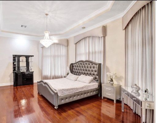 Bedroom, Chandelier, Interior, Recessed Lighting, Wood Texture Flooring