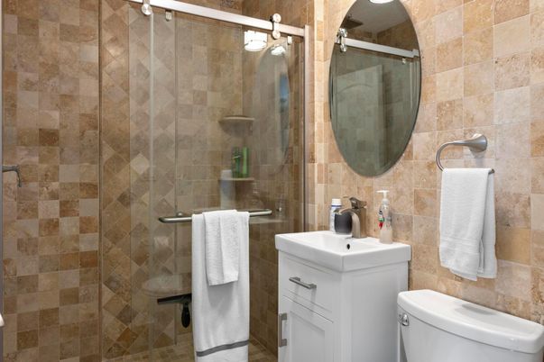 Bathroom, Glass Shower, Interior, Stone Walls