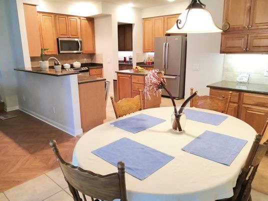 Dining room, Interior, Kitchen, Pendant Lights, Recessed Lighting, Wood Texture Flooring