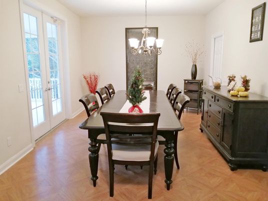 Chandelier, Dining room, Interior, Pendant Lights, Wood Texture Flooring