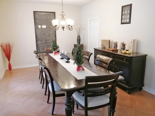 Chandelier, Dining room, Interior, Wood Texture Flooring