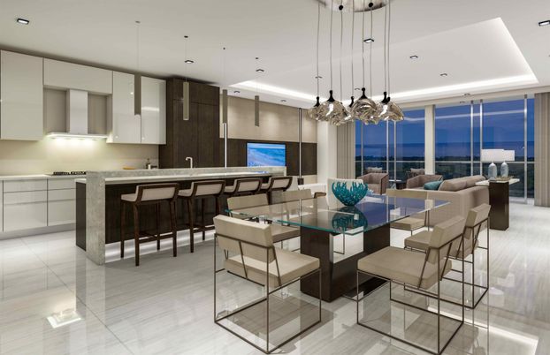 Dining room, Interior, Kitchen, Living room, Pendant Lights, Recessed Lighting, Water