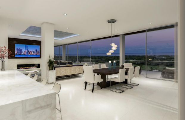 Dining room, Fireplace, Interior, Living room, Pendant Lights, Recessed Lighting, Water