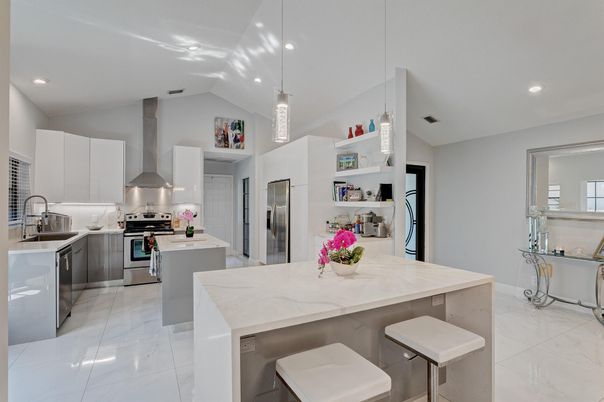 Interior, Kitchen, Marble, Pendant Lights, Recessed Lighting, Stainless Steel Appliances