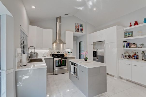 Interior, Kitchen, Marble, Recessed Lighting, Stainless Steel Appliances