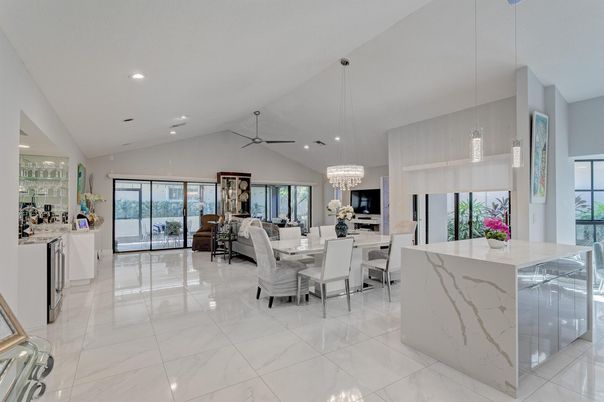 Chandelier, Dining room, Interior, Kitchen, Living room, Marble, Recessed Lighting